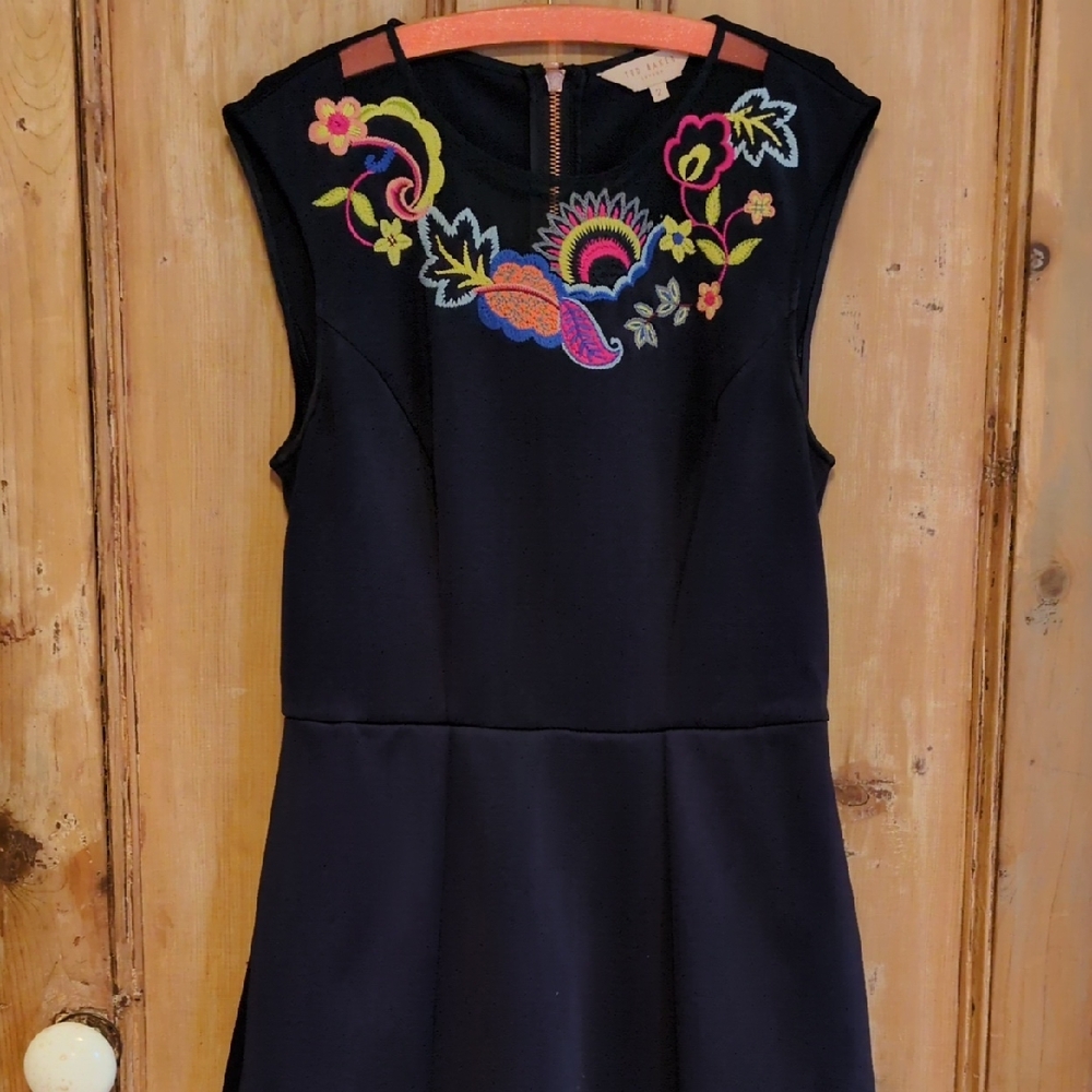 Ted Baker Black Dress with Pink and Orange Embroidery